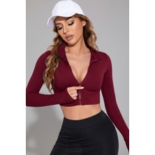 Modi Kadın Bordo Uzun Kol Fermuarlı Parmak Geçme Detaylı Dik Yaka Crop Top Bluz