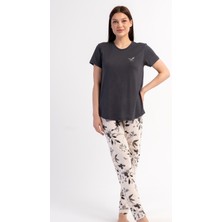 Kezokino Kadın Kısa Kollu Antrasit Pijama Takımı Rahat Kesim Yazlık Ev Giyimi C5T2N2215