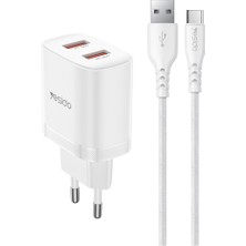 Yesido YC104 2.4A Çift Usb-A Çıkışlı 1m Usb-A To Type-C Kablolu Şarj Cihazı - Beyaz