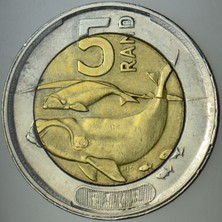 Banknoting Güney Afrika 5 Rand 2023 Güney Gerçek Balinası Temalı. Bimetal.