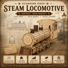 Algwood 3D Ahşap Buharlı Tren Lokomotif Maketi - Steam Train Nostalji Serisi 149 Parça Lazer -Yetişkin ve Genç Hobi Seti (47x17x22 cm)