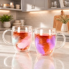 Mafa Home Gerçek Tüy Tasarımlı Cidarlı Şık Kupa Bardak 350 ml Hediyelik 2 Adet
