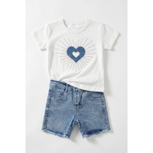 Joy Kids Kız Çocuk Kalp Desenli Taşlı Kotlu Premium Takım (3-10YAŞ) (Beyaz)