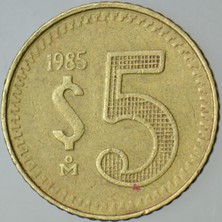 Banknoting Meksika 5 Peso 1985 Basılmaya Başlandığı Ilk Yıl.