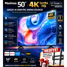 Maximus 50 Inç 127 Ekran 4K Ultra Hd Google Tv Dahili Uydu Alıcılı Smart LED Tv + Duvar Askı Aparatı Hediyeli