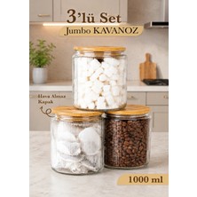 Mafa Home 3'lü Etiketli Cam Kavanoz Seti – Bambu Vakum Kapaklı Çizgili Erzak Bakliyat Saklama Kabı 3X1000ML