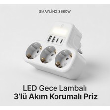 Smayling 3’lü Duvar Tipi Akım Korumalı Priz | 2 Usb-A + 2 Type-C Girişli | LED Gece Lambalı Akıllı Çoklu Priz