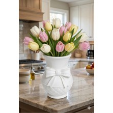 3Dikili Design Modern 3D Baskı Fiyonklu Dekoratif Vazo - 18 cm Estetik Çiçek Vazosu - Pastel Beyaz Tasarım Obje