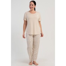 Kezokino Kadın Büyük Beden Kısa Kollu Bej Pijama Takımı Yazlık Ev Giyimi C0T5N2215