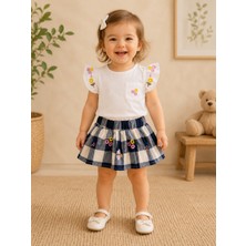 KR Kids Kız Bebek Çiçek Nakışlı Ekose Etekli Takım Beyaz Bluz Lacivert Etek Yazlık 2'li Takım