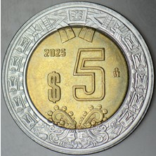 Banknoting Meksika 5 Peso 2025 Kartal ve Yılan Armalı Bimetal Çilaltı.