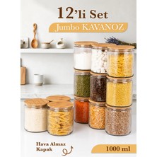 Mafa Home 12'li Etiketli Cam Kavanoz Seti – Bambu Vakum Kapaklı Çizgili Erzak Bakliyat Saklama Kabı 12X1000 ml