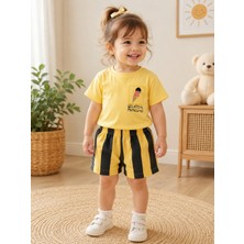 KR Kids Kız Bebek Dondurma Baskılı Şortlu Takım Sarı Tişört Çizgili Şort Yazlık 2'li Takım 1-4 Yaş