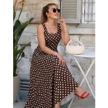 Qimya Butik Buketli Kadın Kare Yaka Iri Puantiyeli Etek Ucu Kloş Askılı Penye Uzun Elbise