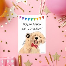 Golden Cinsi Köpek Çizimli Doğum Günü Tebrik Kartı 2 Adet