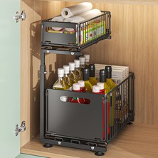 Zivu Montajsız Kurulum! 2 Katlı Raylı Lavabo Altı Organizer - Sürgülü Çok Amaçlı Dolap İçi Düzenleyici