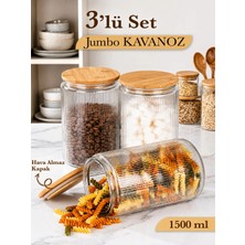 Mafa Home 3'lü Cam Kavanoz Seti – Bambu Vakum Kapak Büyük Boy Çizgili Erzak Un Bakliyat Saklama Kabı 3X1500ML