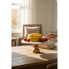 Akayev   Mermer 25 cm Ahşap Barok Ayaklı Beyaz Yuvarlak Sunum Tabağı