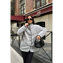Gri Kadın Peluş Düğmeli Oversize Ceket – Yumuşak Dokulu MLB134