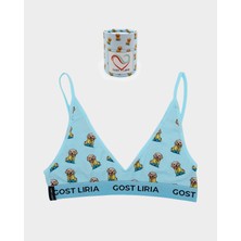 GOST LİRİA Cute Dog Desenli Kadın Bralet Mavi Viskos Kumaş ile Nefes Alabilir Yapı Kutulu