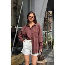 My Loore Kadın Kahverengi Oversize Gömlek Salaş Kesim Şık Günlük Gömlek