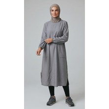 Ece Giyim Kadın Bisiklet Yaka Kol Ağzı Lastikli Cepli Oval Yırtmaçlı Tunik