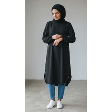 Ece Giyim Kadın Bisiklet Yaka Kol Ağzı Lastikli Cepli Oval Yırtmaçlı Tunik