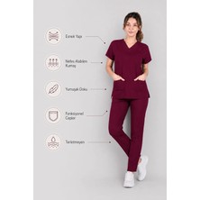 Stilmed Üniforma Bordo Hemşire ve Doktor Forması Scrubs Takımı Likralı Alt Üst Üniforma Unisex Yarasa Kol