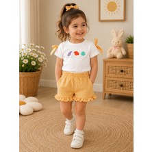 KR Kids Kız Çocuk Deniz Kabuğu Nakışlı Şortlu Takım Beyaz Tişört Sarı Ekose Şort Yazlık 2'li Takım