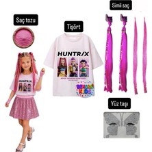 Bemora Kids Kpop Mira Huntrix Iblis Avcıları Baskılı Tişört Mira Pembe Simli Saç +Yüz Taşı+Saç Tozu Parti Doğum Günü