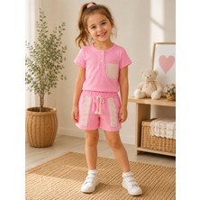 KR Kids Kız Çocuk Pembe Güpür  Detaylı Şortlu Takım Yazlık 2'li Takım