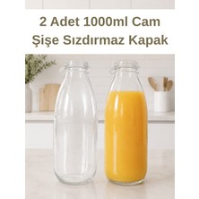 Sara Shoop 2 Adet 1 Litre Sızdırmaz Kapaklı Şeffaf Cam Süt Ayran Limonata Meşrubat Içecek Şişesi