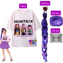 Bemora Kids Kpop Rumi Huntrix Iblis Avcıları Baskılı Tişört Rumi Mor Simli Saç +Yüz Taşı+Saç Tozu Set Parti Doğum Günü