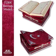 Haktan Masaüstü Ayyıldız Baskı Rahle Özellikli Orta Boy Lüks Kadife Kaplı Kuranı Kerim Seti Inci Tesbih Hediyeli Ay Yıldızlı Türk Bayrağı Desenli - Gelin Düğün Nişan Hafızlık Hediyesi