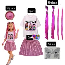 Bemora Kids Kpop Mira Huntrix Iblis Avcıları Baskılı Tişört+Pembe Pullu Etek + Mira Pembe Simli Saç +Yüz Taşı+Saç Tozu Parti Doğum Günü