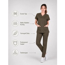 Stilmed Üniforma Haki Hemşire ve Doktor Forması Scrubs Takımı Likralı Alt Üst Üniforma Unisex Yarasa Kol