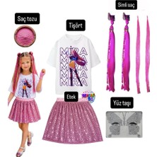 Bemora Kids Kpop Mira Iblis Avcıları Baskılı Tişört+Pembe Pullu Etek + Mira Pembe Simli Saç +Yüz Taşı+Saç Tozu Parti Doğum Günü