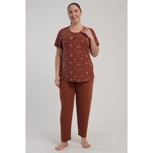Kezokino Kadın Büyük Beden Yarım Düğmeli Kısa Kollu Kiremit Pijama Takımı C3T7N2215