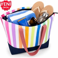 Çantaland Renkli Çizgili Kot Kumaş Tabanlı Plaj Çantası