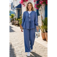 Harma Time Butik Kadın Bağlamalı Çilek Kumaş Mavi Tunik Pantolon Ikili Takım