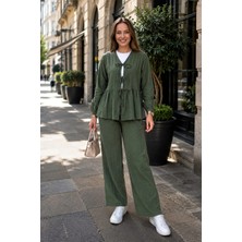 Harma Time Butik Kadın Bağlamalı Çilek Kumaş Haki Tunik Pantolon Ikili Takım