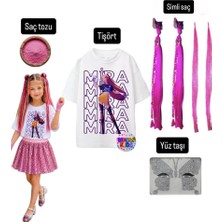 Bemora Kids Kpop Mira Baskılı Huntrix Iblis Avcıları Baskılı Tişört Mira Pembe Simli Saç +Yüz Taşı+Saç Tozu Parti Doğum Günü