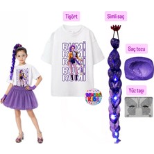 Bemora Kids Kpop Rumi Baskılı Huntrix Iblis Avcıları Baskılı Tişört Rumi Mor Simli Saç +Yüz Taşı+Saç Tozu Set Parti Doğum Günü