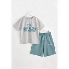 DobaKids Yazlık Erkek Çocuk Oversize T-Shirt Kapri Kısa Kollu Takım West Coast Series Gri - Mint Yeşili
