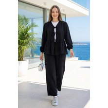Harma Time Butik Kadın Bağlamalı Çilek Kumaş Siyah Tunik Pantolon Ikili Takım