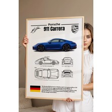 E2 Nova Porsche 911 Carrera Tablo - Teknik Özellikli Spor Araba Poster - Çerçeveli Duvar Dekoru - Blueprint