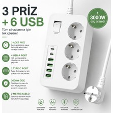 Smayling Akım Korumalı 3’lü Priz – 2×usb-C + 4×usb-A Hızlı Şarj, 2m Kablo, Çocuk Korumalı Çoklu Priz