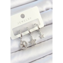 Grifinstore Pirinç Zirkon Taşlı Yıldız Model Gümüş Renk 3'lü Çift Kadın Küpe Set