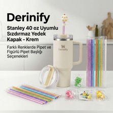 Derinify Stanley 40 Oz Uyumlu Sızdırmaz Yedek Kapak - Krem Plastik Malzeme Kombin Pipet ve Figürlü Pipet Başlığı ile