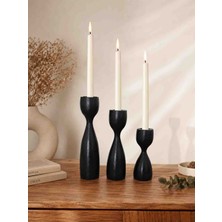 Han Ahşap Ahşap Şamdan Seti Siyah Renk | Dekoratif Mumluk Takımı | 17,5 cm - 15 cm - 11 cm